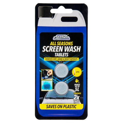 Car Pride All Seasons Screen Wash – 2 Tablets Pack (Makes 40L Total) | Fast-Dissolving Windshield Washer Tablets for Cars & Vehicles | Removes Dirt, Grime, Bugs & Insect Deposits | All-Weather Protection