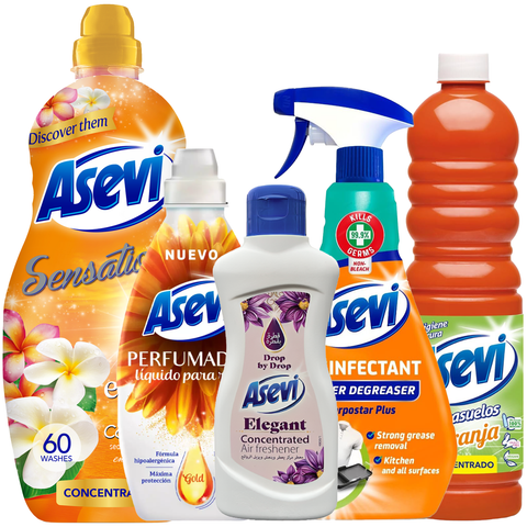 Asevi 5-Piece Orange Bundle – Spanish Cleaning Products Gift Set Kit with Degreaser 720ml, Scent Booster 720ml, Orange Floor Cleaner 1L, Toilet Drops 165ml & Energy Sensations Fabric Softener 60 Washes – Fresh & Powerful Cleaning