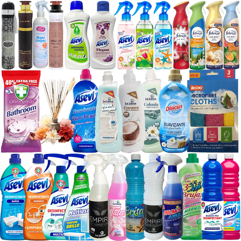 8-in-1 Spanish Cleaning Products Gift Set – Includes Air Freshener, Fabric Softener, Floor Disinfectant, Bathroom & Toilet Cleaner, 6 Microfiber Cloths, 2 Multi-Surface Wipes (40-70 Sheets), & Incense Sticks 10-12 Pack – Household Essentials
