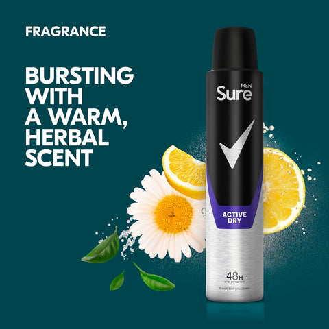 Sure Men Active Dry Anti-Perspirant Aerosol pack of 6 Deodorant Mens 48-Hour Sweat And Odour Protection 200ml Body Care Fragrance Cleanser