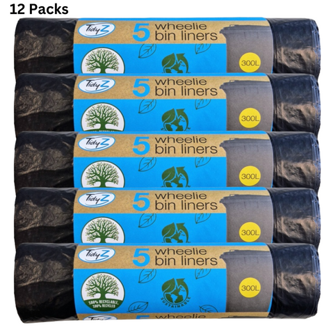 Tidyz Wheely Bin Liners Bags Heavy Duty Tear Resistant  Premium Design Leak Proof Recycling Bags For Garden Kitchen House Office & Caterers Capacity Of 300L Roll of 5 X12
