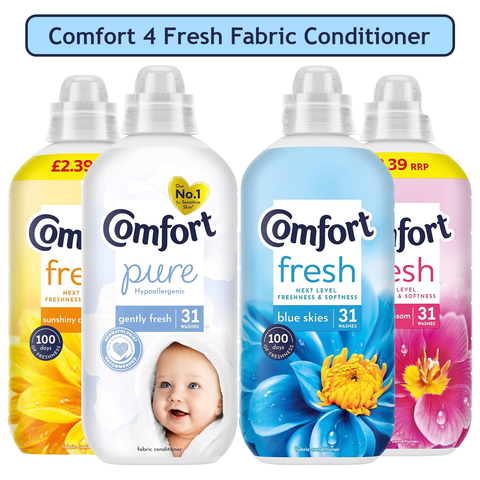 Comfort 4 Fresh Fabric Conditioner Bundle Gift Set 4 x 930ml 31 Washes Each Spring Blossom Sunshiny Days Blue Skies Pure Laundry Softener Long Lasting Fresh Fragrance Clothes Conditioner Laundry Care Household Cleaning Supplies