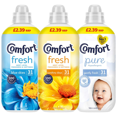 Comfort Fabric Conditioner Softener Bundle Gift Set 3 x 990ml Blue Skies Sunshiny Pure 31 Washes Each Laundry Softener Long Lasting Fresh Fragrance Clothes Care Washing Conditioner Pack
