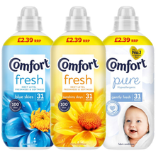 Comfort Fabric Conditioner Softener Bundle Gift Set 3 x 990ml Blue Skies Sunshiny Pure 31 Washes Each Laundry Softener Long Lasting Fresh Fragrance Clothes Care Washing Conditioner Pack