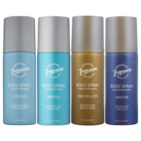 Designer Fragrances 4 Body Spray Bundle Gift Set 150ml Each, Lite Blu, Neroli, One Billion, Savore, Long Lasting Body Spray, Deodorising Fragrance Mist for Men & Women, Everyday Fresh Scent