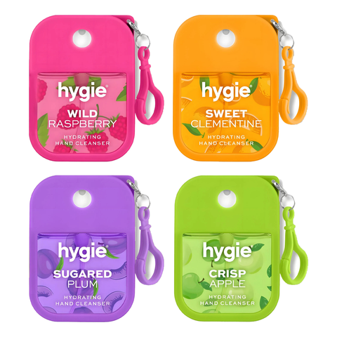 Hygie 4 Hydrating Hand Cleanser Bundle Gift Set 35ml x4 Moisturising Hand Cleansing Gel Wild Raspberry Sweet Clementine Sugared Plum Crisp Apple Travel Size Hand Care Gift Pack