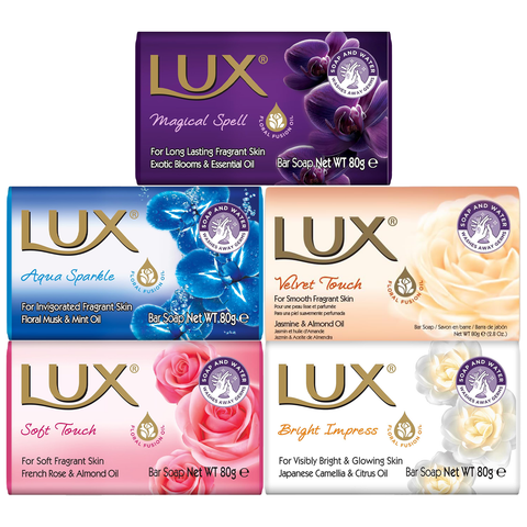 LUX 5 Soaps Bundle 80g Each Beauty Soap Gift Set Magical Spell Aqua Sparkle Soft Touch Velvet Touch Bright Impress Moisturising Bar Soap Floral Fragrance Skin Cleansing Bath Soap Pack of 5