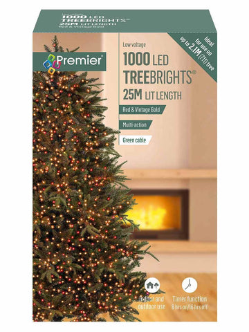 Premier 1000 LED Multi Action Treebrights with Timer – Red & Vintage Gold Mixed/Clear Lights – Energy-Efficient Holiday Decor for Christmas Tree & Home