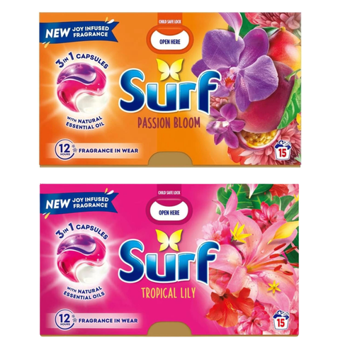 Surf 3 in 1 Laundry Washing Detergent Capsules Bundle Gift Set 2 x 15 Washes Passion Bloom & Tropical Lily Bio Laundry Pods Washing Capsules for Clothes Deep Clean Stain Removal Fresh Floral Scent