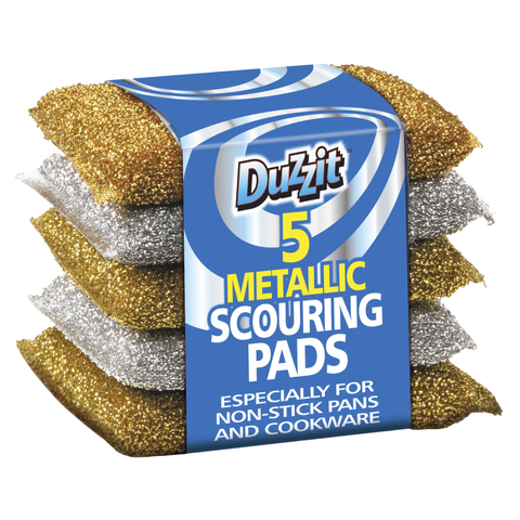 DUZZIT 5 Metallic Scouring Pads, Heavy Duty Cleaning Pads for Pots, Pans, Grills & BBQs, Rust Resistant Metal Scourers, Tough Kitchen Cleaning Sponges for Burnt On Grease & Stains