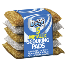 DUZZIT 5 Metallic Scouring Pads, Heavy Duty Cleaning Pads for Pots, Pans, Grills & BBQs, Rust Resistant Metal Scourers, Tough Kitchen Cleaning Sponges for Burnt On Grease & Stains